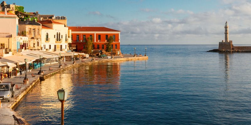 famouse venetian harbour waterfront and lighthouse of Chania old town, Crete, Greece