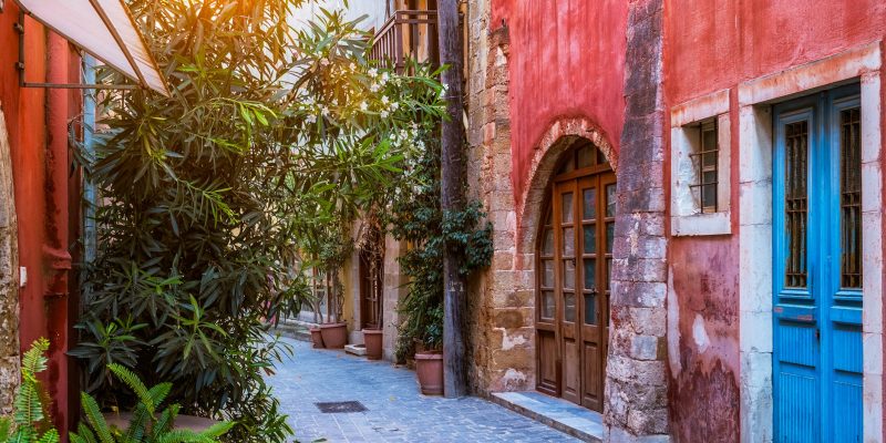 Scenic picturesque streets of Chania venetian town with coloful old houses. Chania greek village in the morning. Chanica, Crete island, Greece