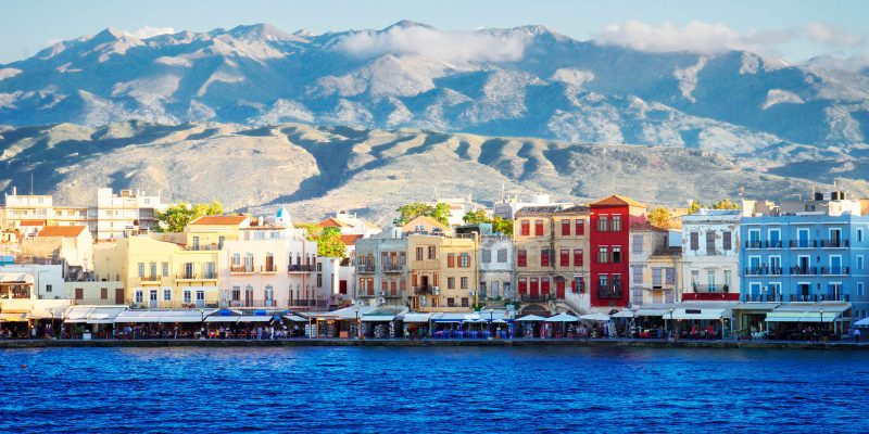 venetian habour of Chania at sunny day, Crete, Greece, toned